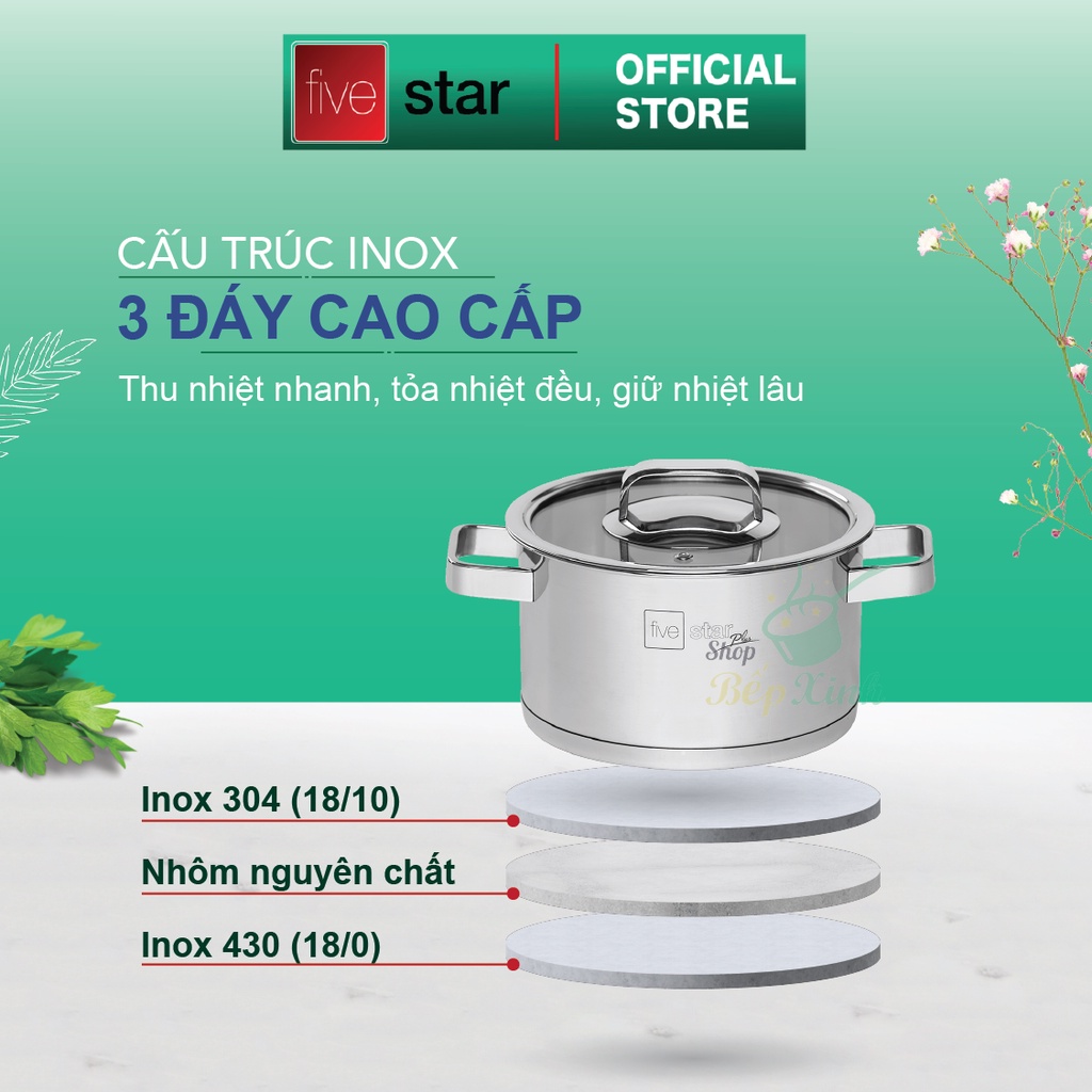 Bộ nồi xửng 3 đáy inox 304 Fivestar Plus 5 món nắp kính