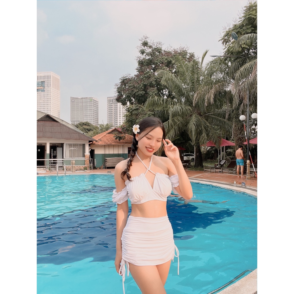 BIKINI TAY BỒNG PHỒNG PHỐI VÁY DÂY RÚT SEXY CAO CẤP - Aster - TAPI - 001