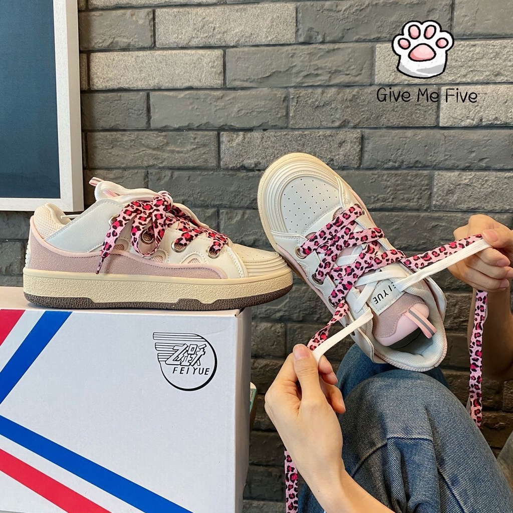 PunkyRabbit Da PU Giày Thể Thao Khối Màu Thường Ngày Chống Trơn Trượt Nữ Đi Bộ Đế Bằng Hồng