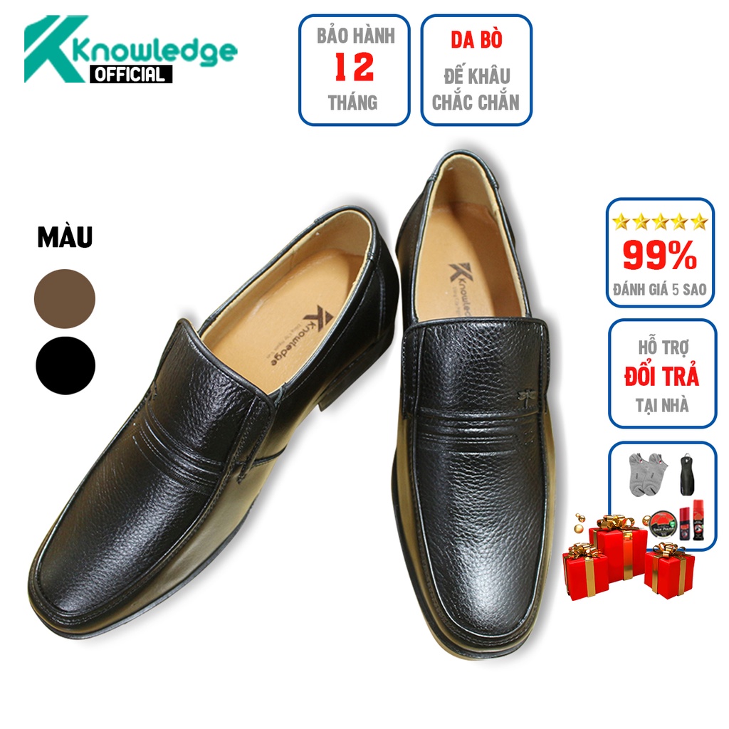 Giày Da Trung Niên Nam Da Bò Nguyên Tấm Knowledge, Giày Da Nam Cao Cấp Có Hộp Làm Quà Tặng Size 38-44.