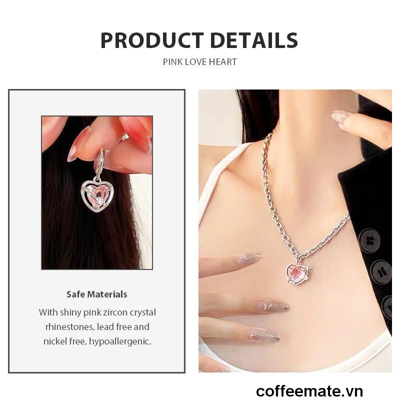 【coffeemate】⚡ Bộ Trang Sức Nhẫn / Bông Tai / Vòng cổ Mặt Trái Tim Đính Đá Pha Lê Màu Hồng Thời Trang