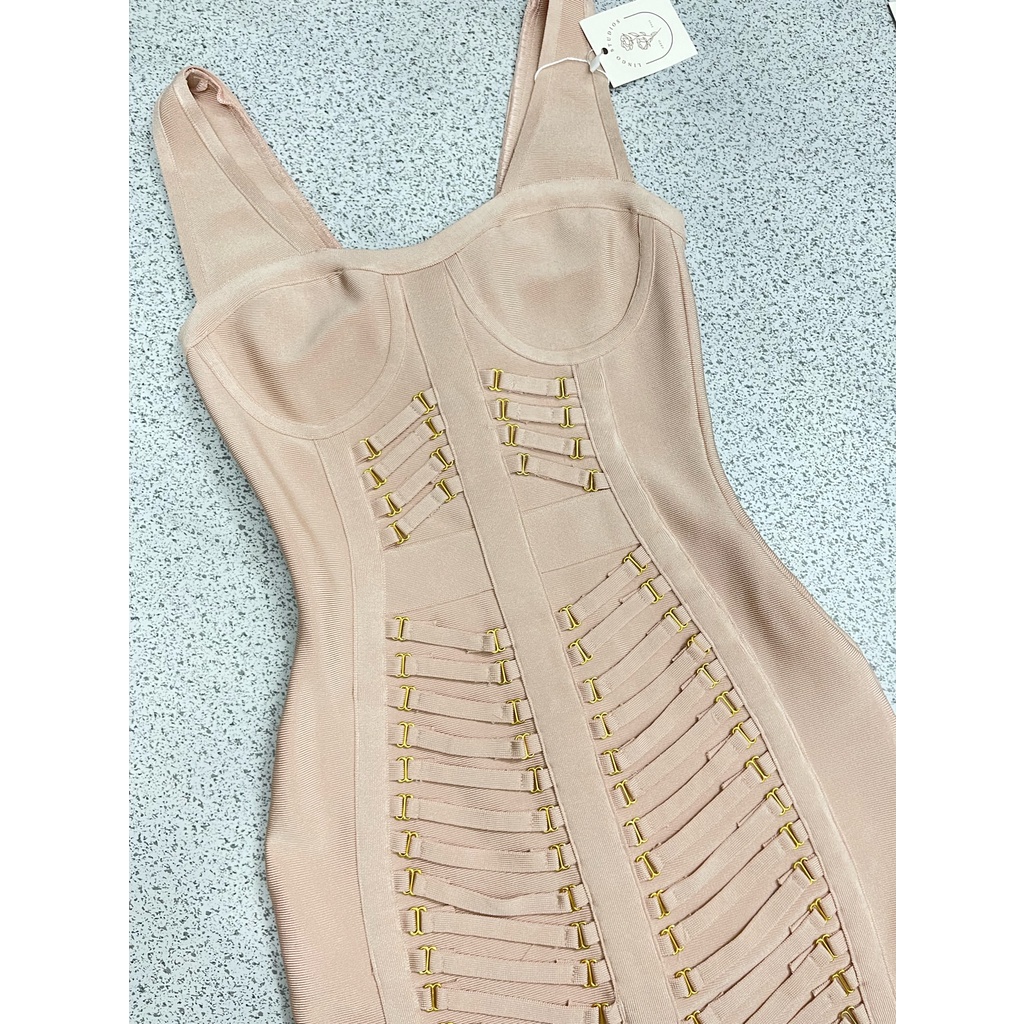 V1536 Váy body băng cuốn QCCC hàng hiệu chính hãng thời trang nữ màu hồng nhạt freesize secondhand thanh lý ký gửi