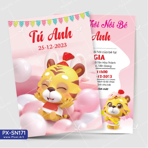 Thiệp thôi nôi – sinh nhật Pluxi bé Gái tuổi Dần - Cọp - PX_SN171