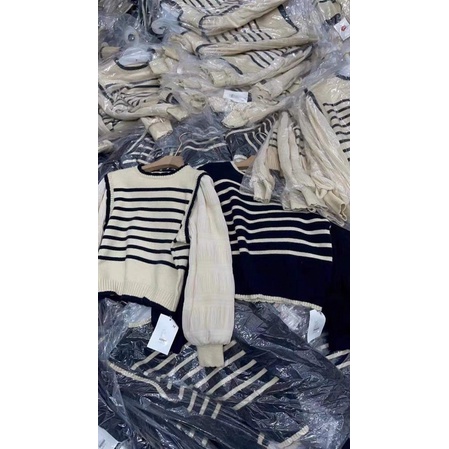 Áo len nữ cổ tròn kẻ phối tay bồng nhún siêu xinh, hàng hot kèm ảnh thật hàng - hàng có sẵn