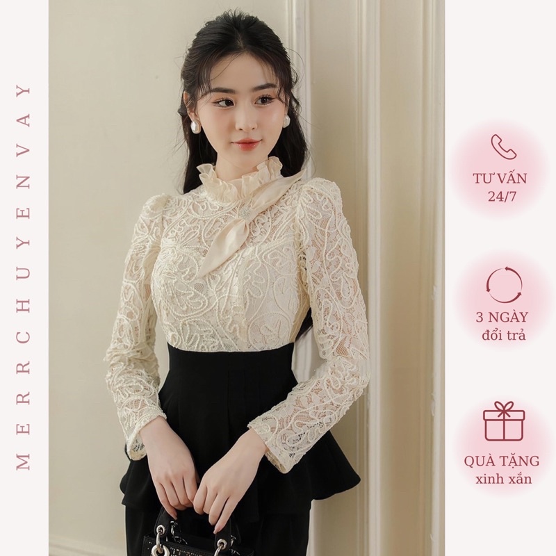 Áo Ren Cổ Tròn Bèo Dài Tay Kèm Nơ Có Ảnh Thật | MERRCHUYENVAY