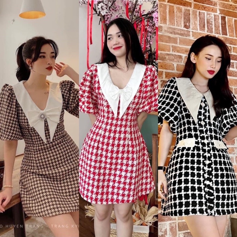 Đầm caro nâu cổ trắng nhọn (về thêm đỏ, đen)