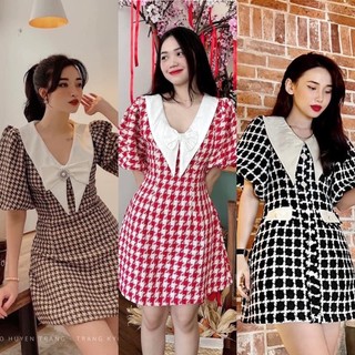 Đầm caro nâu cổ trắng nhọn