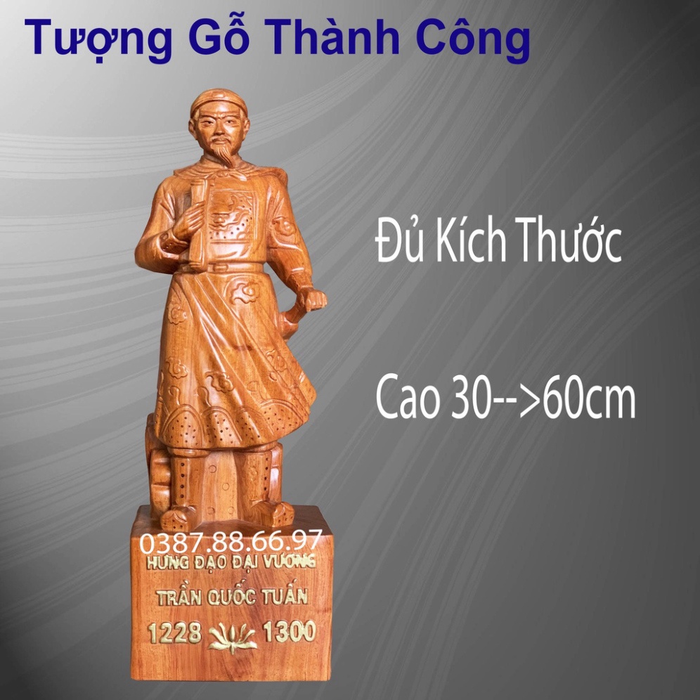Tượng trần quốc tuấn trần hưng đạo chữ nổi cao từ 30 đến 60cm chất liệu gỗ hương nguyên khối