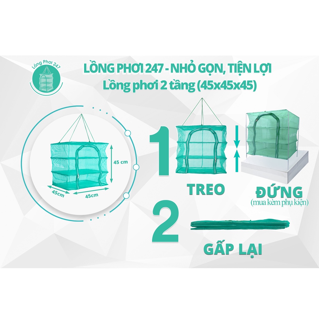 Lồng lưới phơi thực phẩm 247 - chống côn trùng hiệu quả - không ruồi - 2 tầng phơi, 1 tầng cách ly - kt 45x45x45cm