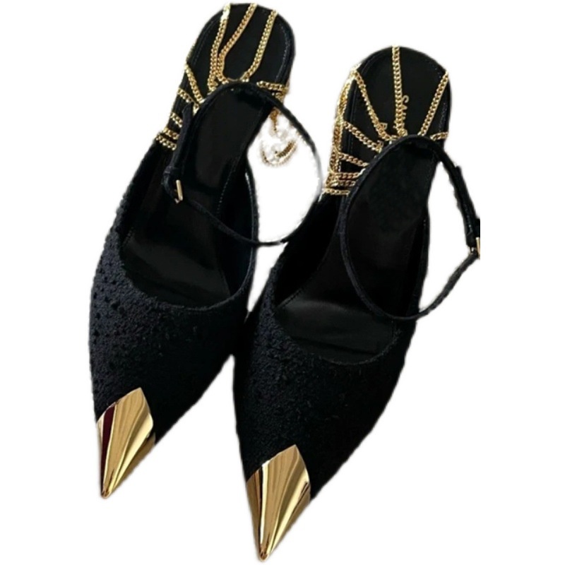 【EVEANOBQY】Giày Cao Gót Mũi Nhọn Kim Loại Màu Đen Thời Trang Mùa Xuân Dành Cho Nữ