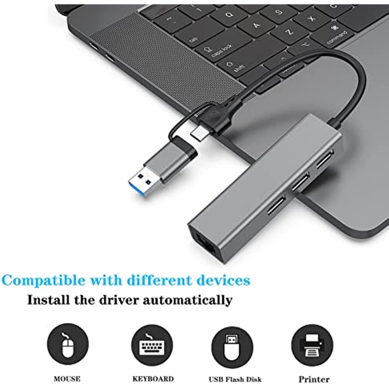 Đầu Chuyển Đổi USB type c Sang Ethernet 3 Cổng USB 3.0 RJ45 1000Mbps Lan Cho PC Windows Mac OS / type c | BigBuy360 - bigbuy360.vn