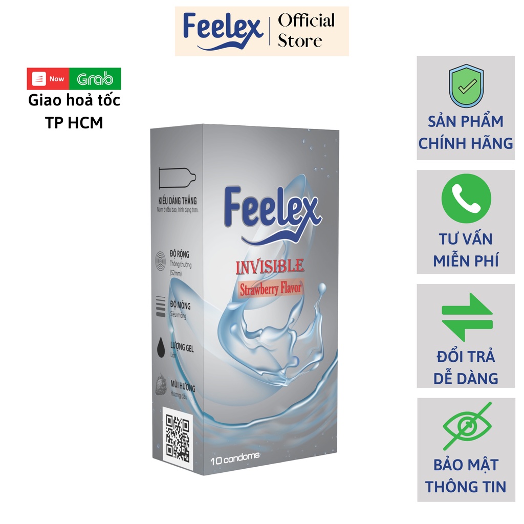 Bao cao su Feelex Invisible siêu mỏng, nhiều gel, hương dâu, lạnh size 52 hộp 10c