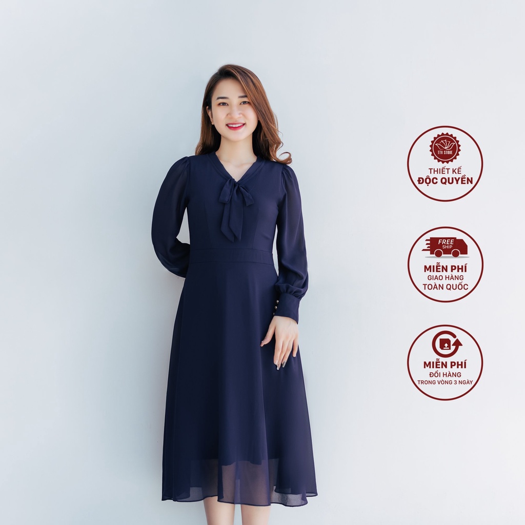Đầm xoè trung niên TTV1126 thiét kế Cổ tim cột nơ tay dài màu Xanh tím sang trọng