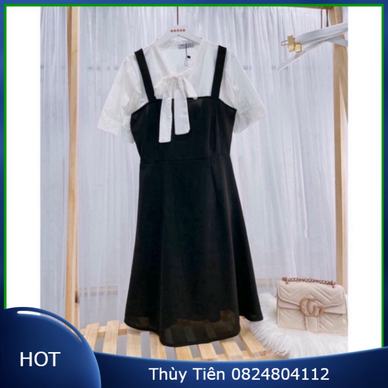 Bộ Đầm Yếm Đen Nữ + Áo Sơ Mi Nơ Ngực 👗 Set Áo Trắng Sơ Mi Cột Nơ Mix Váy Nữ 2 Dây Cộc Tay Dáng Ngắn 👗 💝
