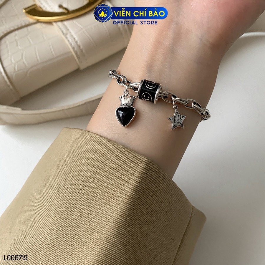 Lắc tay bạc nữ trái tim đen charm sao mặt cười chất liệu bạc Thái 925 thời trang phụ kiện trang sức Viễn Chí Bảo L000719