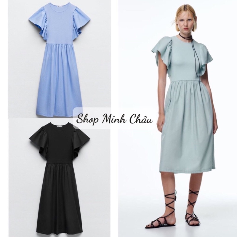(Sẵn) Váy midi tay cánh tiên Zarraa canh sale, 3 mầu