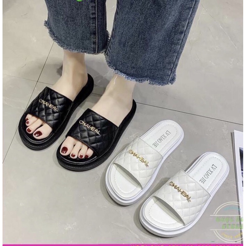 DÉP LÊ NỮ, THỜI TRANG TRẦN TRÁM ĐẾ BÁNH MÌ QUAI NGANG ROSA GẮN CHỮ DD-0282