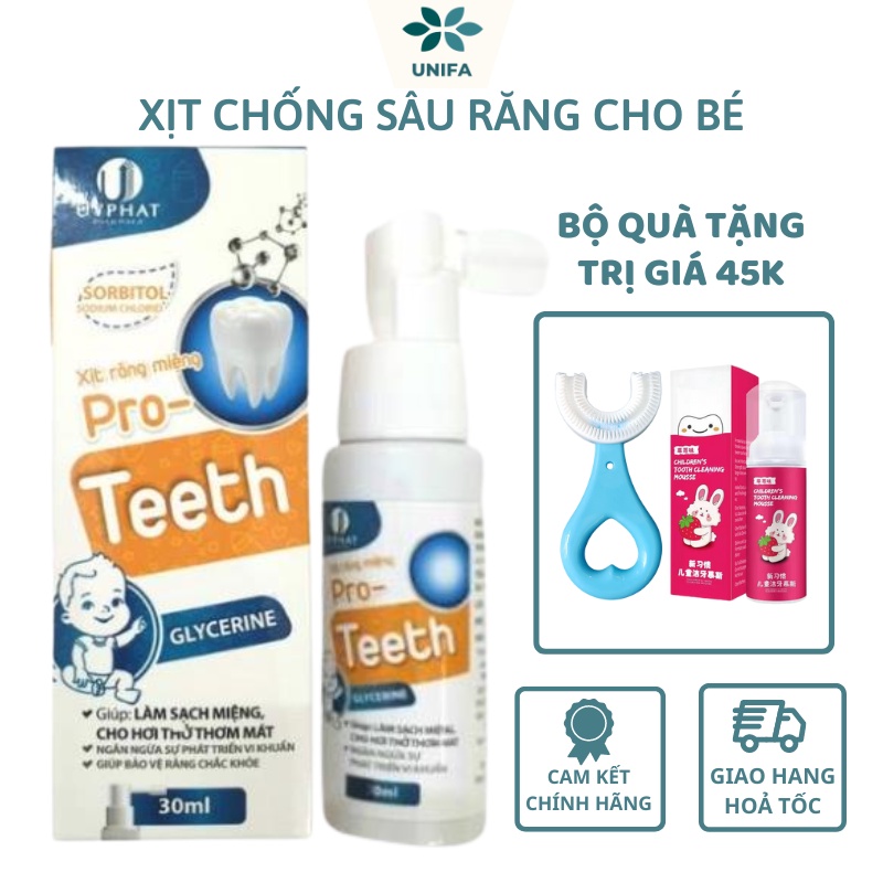 Xịt chống sâu răng cho bé Proteeth Uy phat pharma, an toàn nuốt được tặng kèm kem đánh răng và bàn chải đánh răng cho bé