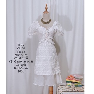 Váy đầm trắng thêu đục lỗ phối voan cổ vuông tay phồng xinh xắn lỗi nhẹ