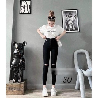 Quần jean loang đen dáng ôm rách cạp cao, chất jean co giãn siêu tôn dáng