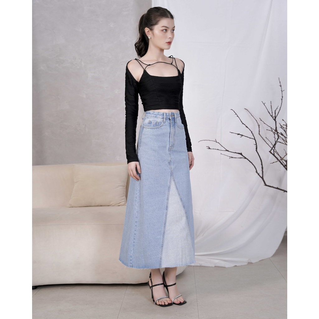 GOÛT DE JUN - Chân váy jeans nữ dài phối màu- FORIS SKIRT