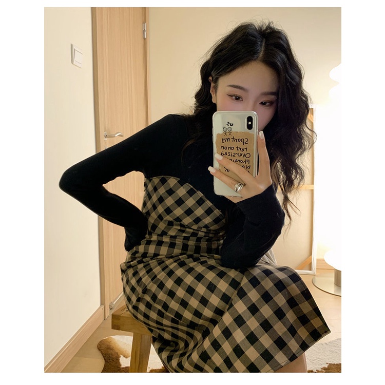 Đầm Dáng Chữ A Mỏng Ghép Vải Sọc Ca Rô Thiết Kế Chắp Vá Cổ Điển Cao Cấp Mùa Xuân Thu Năm 2023