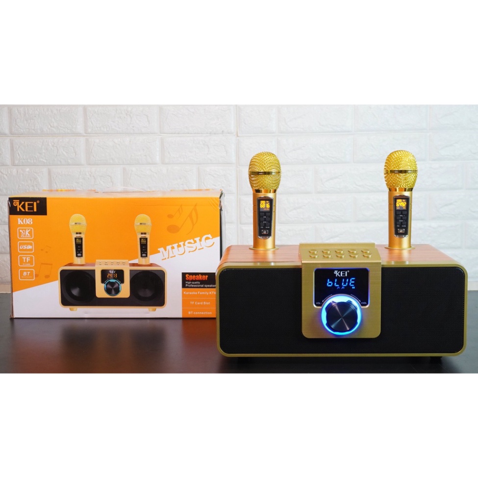 Loa karaoke bluetooth KEI K08-Tặng kèm 2 micro không dây có màn hình LCD-Sạc pin cho mic ngay trên loa-Chỉnh bass treble
