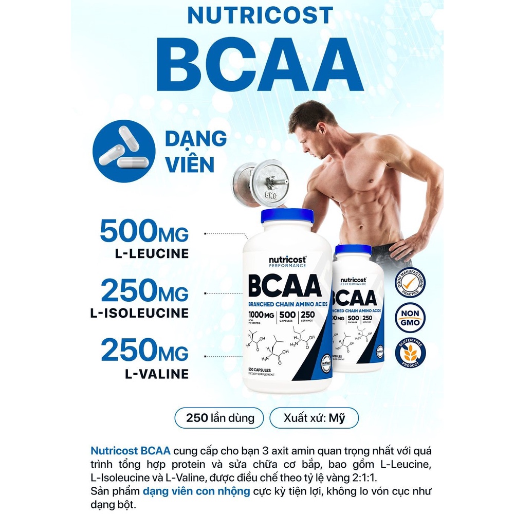 Viên uống Nutricost BCAA Capsules, 1000mg  nhập khẩu Mỹ