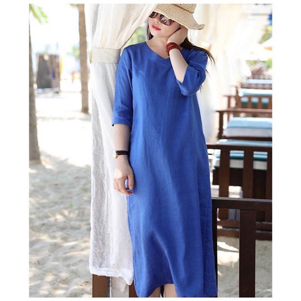 Đầm suông Linen cổ tim tay lỡ màu xanh coban tươi sáng, chất vải Linen nhập Hàn mềm mát xịn xò