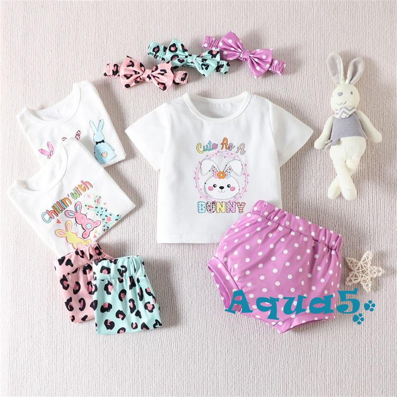 Set Áo Thun Tay Ngắn Hình Thỏ + Quần Short Họa Tiết Da Báo / Chấm Bi + Băng Đô Cài Tóc Xinh Xắn Cho Bé Gái