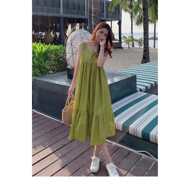 Váy 2 dây Đuôi cá bản to màu xanh bơ cốm