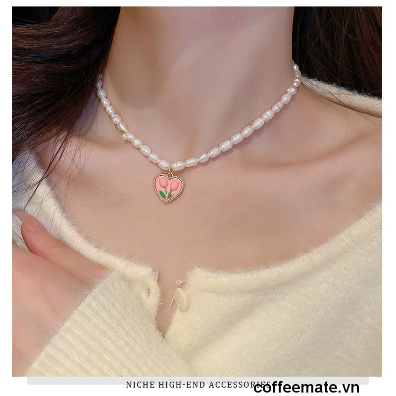 【coffeemate】⚡ Vòng cổ Hình Hoa Tulip Đính Ngọc Trai Nhân Tạo Thời Trang