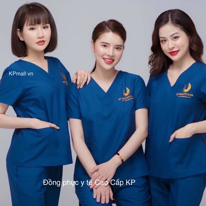 Bộ scrubs bác sĩ, đồng phục cổ tim Cotton cao cấp màu xanh Navy cho kỹ thuật viên, spa, phòng khám, bệnh viện