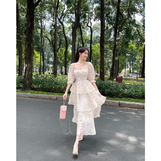 Đầm midi hoa cổ vuông dập ly 3 tầng