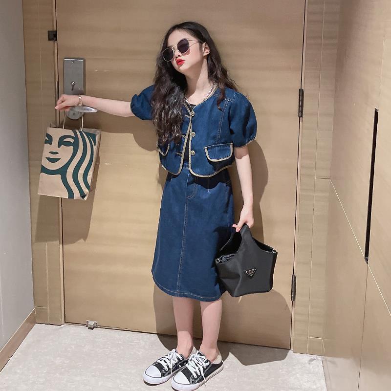 Set Áo Thun Ngắn Tay Và Chân Váy Denim Thời Trang Hè 2022 Mới Cho Bé Gái