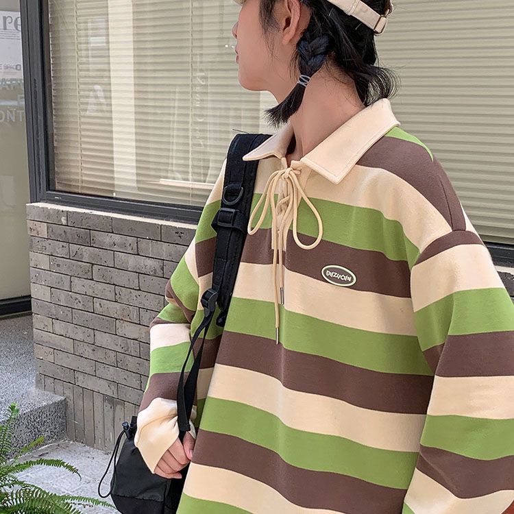 Áo Sweater Cổ Polo Dáng Rộng Họa Tiết Kẻ Sọc Màu Sắc Dễ Thương Thời Trang Cho Nữ
