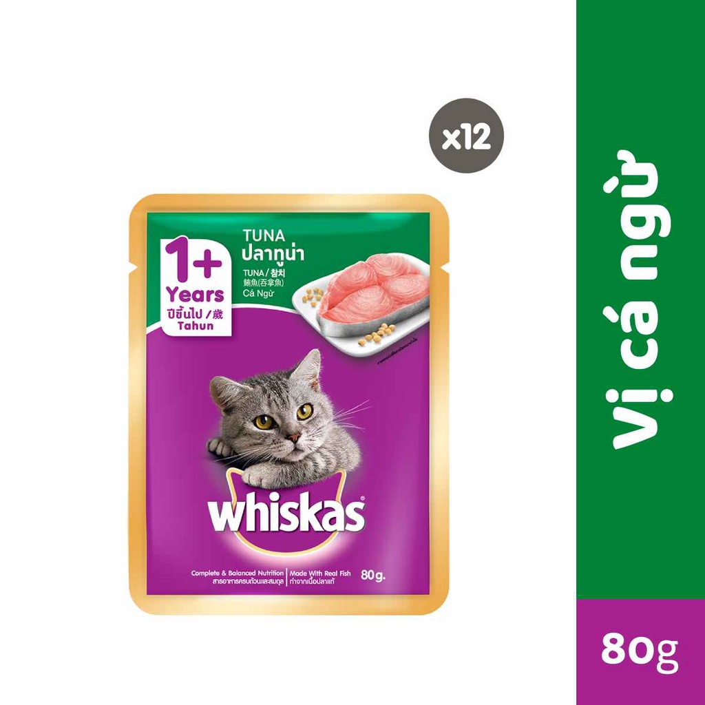 Thức Ăn Cho Mèo Lớn Dạng Sốt WHISKAS - 80g (12 gói) - Dinh Dưỡng Hoàn Thiện & Cân Bằng Cho Mèo Từ 1 Tuổi