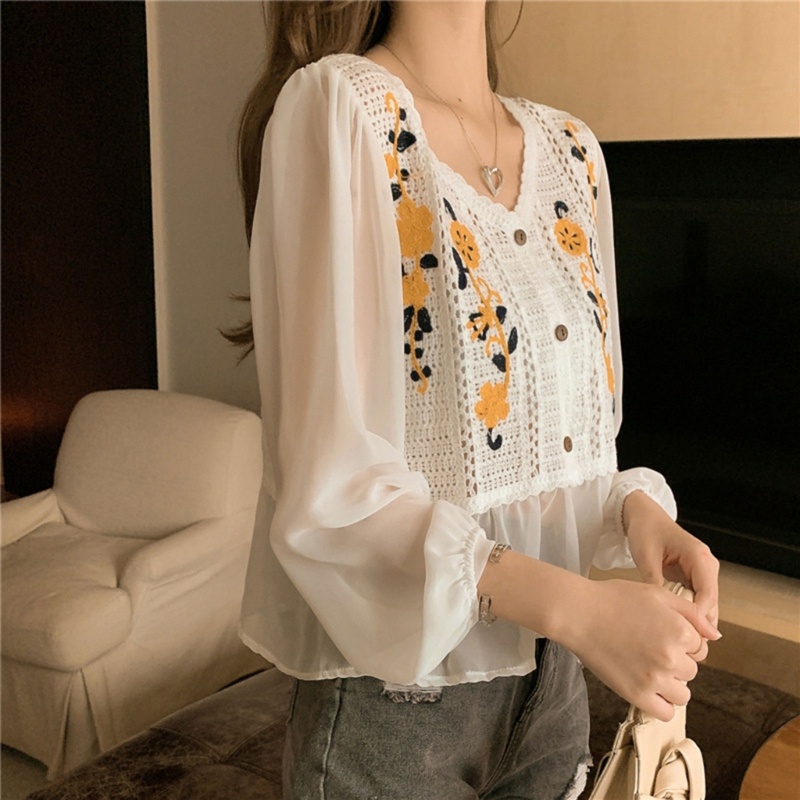 Xiangbao Áo Peplum Dài Tay Dáng Rộng Cài Nút Thêu Hoa Thanh Lịch Giản Dị Dành Cho Nữ