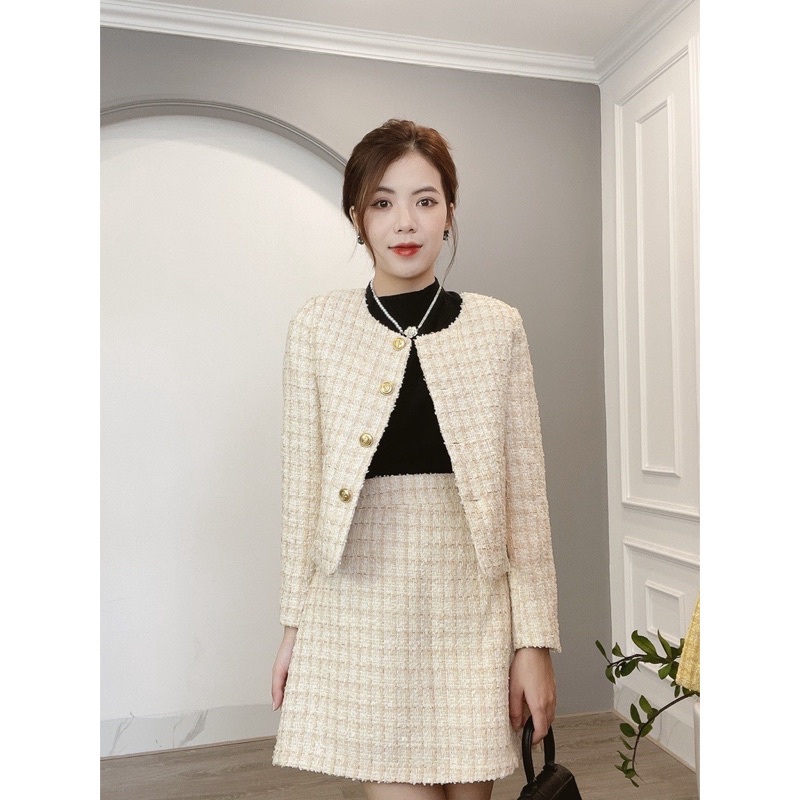 Sét dạ tweed cổ tròn dành cho nữ