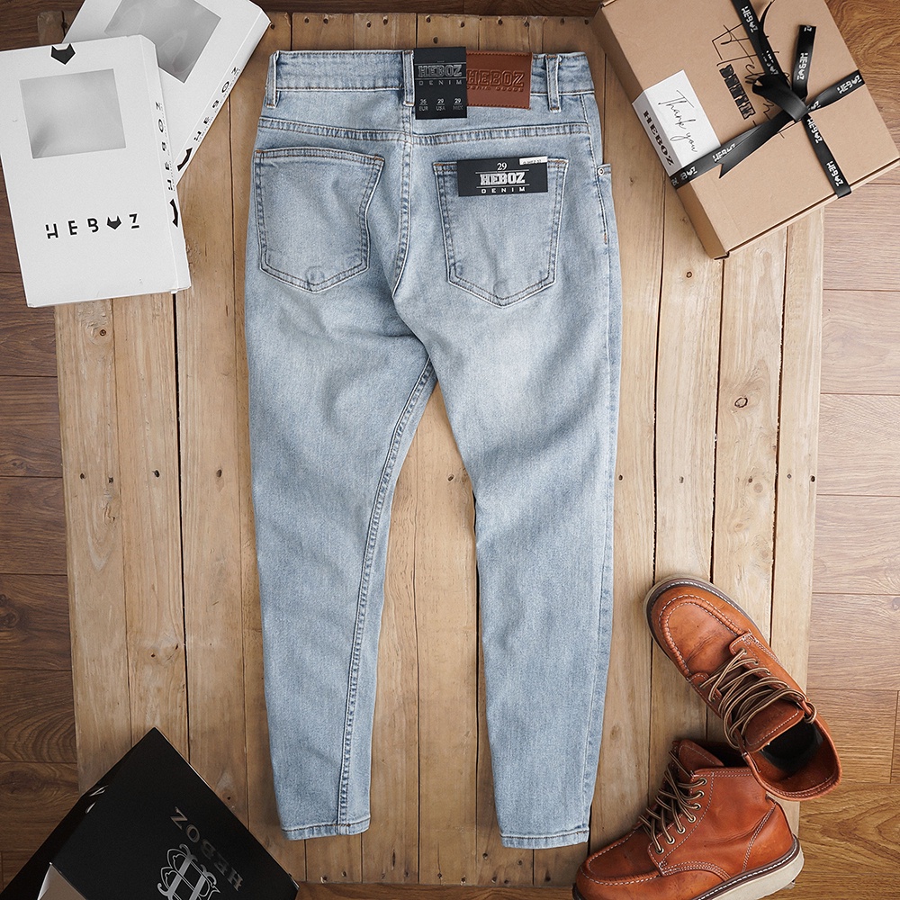 Quần jean nam dài chất vải denim wash rách gối cao cấp basic J037 Heboz - 00001407