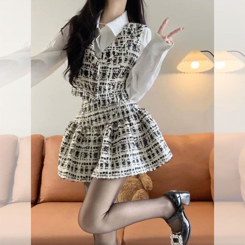 Set Áo Sơ Mi Tay Dài Và Đầm Yếm Thời Trang Nữ Tính