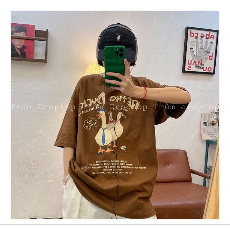 Áo thun tay lỡ in hình vịt Retro Duck màu nâu , Áo phông rộng form unisex dáng basic nam nữ