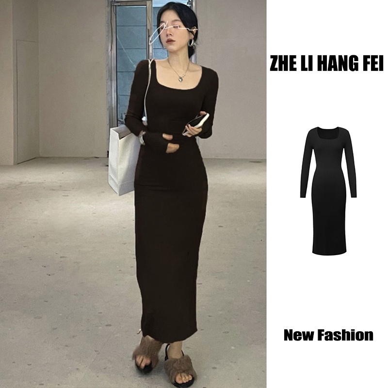 ZHELIHANGFEI Đầm Dệt Kim Tay Dài Cổ Vuông Xẻ Tà Nhấn Eo Quyến Rũ Thời Trang Cho Nữ