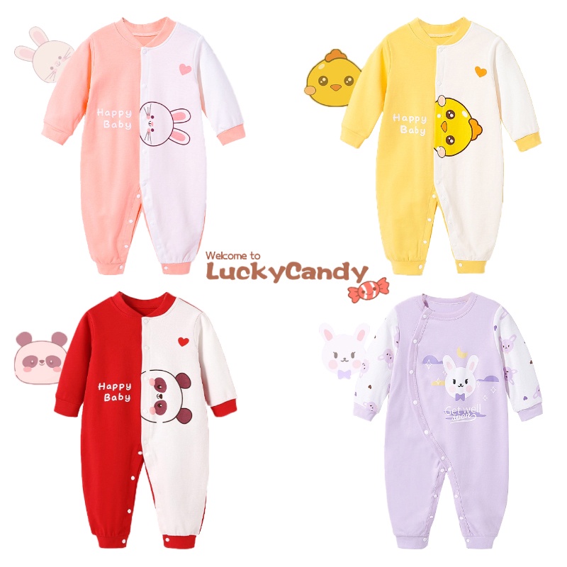 Đồ Ngủ Áo Liền Quần Luckycandy Chất Cotton Tay Dài Cho Bé Sơ Sinh 0-24 Tháng Tuổi