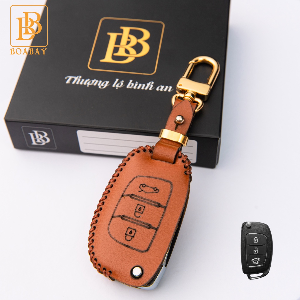 Bao da chìa khóa ô tô xe hơi BB hyundai i10, solati bản thiếu chìa điện gập da thật chống xước chính hãng
