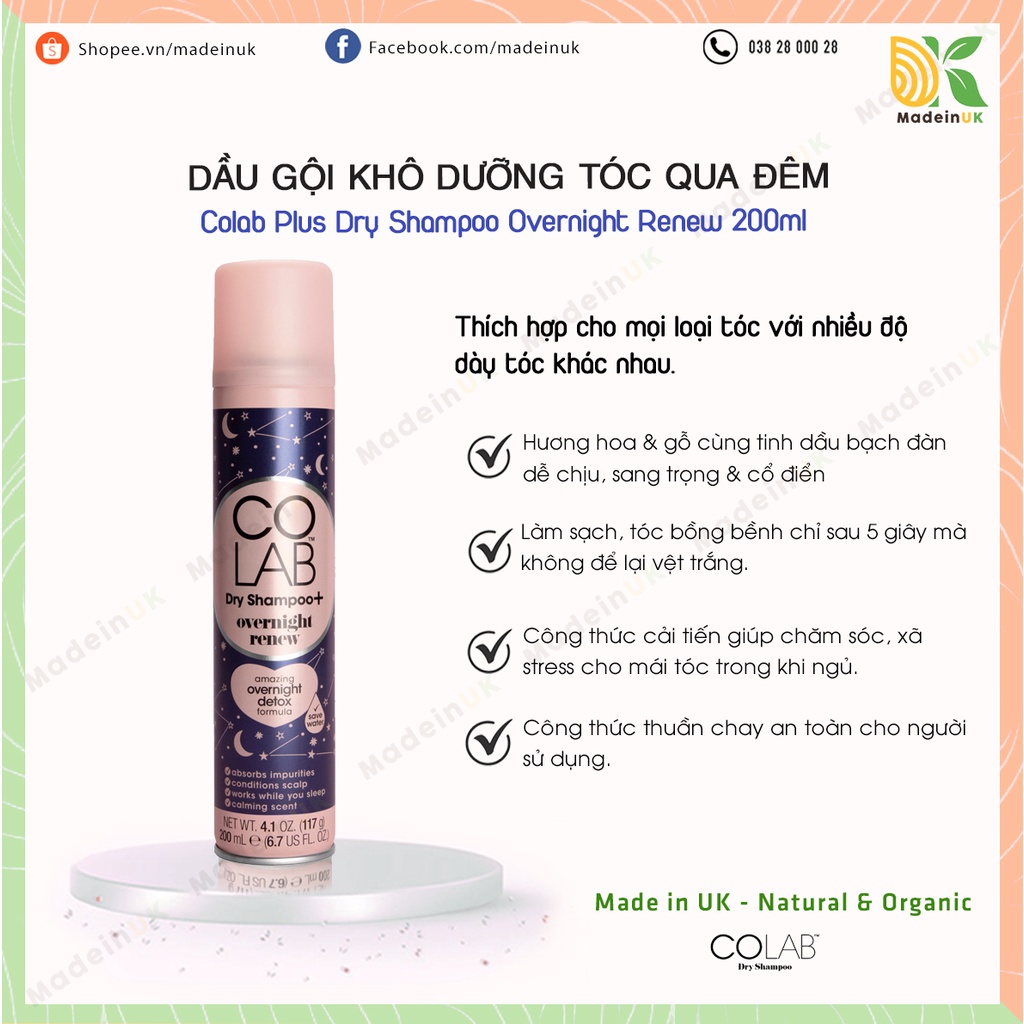 Dầu Gội Khô Colab Nuôi Dưỡng Tóc Qua Đêm | Colab Plus Dry Shampoo Overnight Renew 200ml