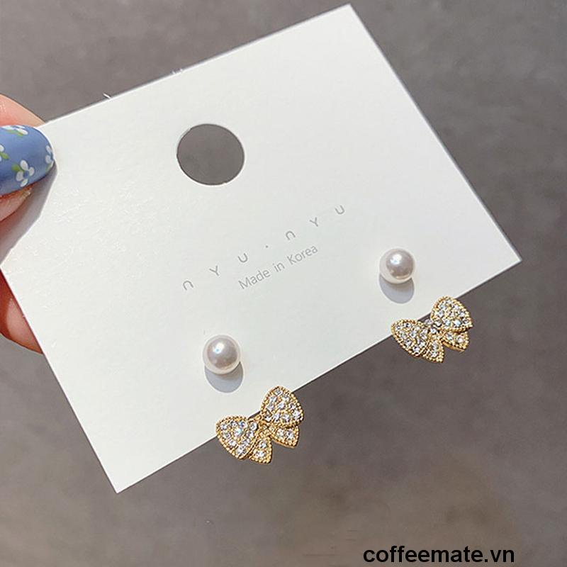 【coffeemate】⚡ Khuyên tai mạ bạc 925 hình nơ phối ngọc trai nhân tạo đơn giản phong cách Hàn Quốc bông tai nữ