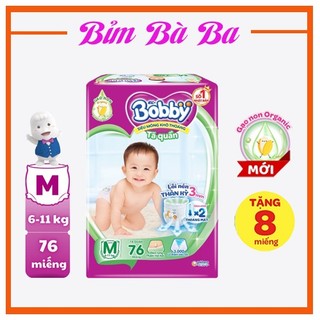 Bỉm bà ba bobby quần lõi nén thần kỳ m76/l68/xl62/xxl56 +8 miếng gạo non organic
