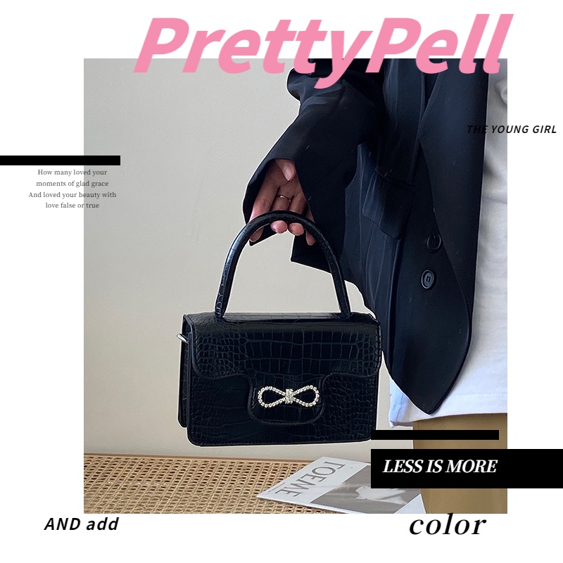 CHIC JOY❤Túi xách Messenger nữ họa tiết cá sấu dây nơ đeo vai lật đơn túi vuông nhỏ