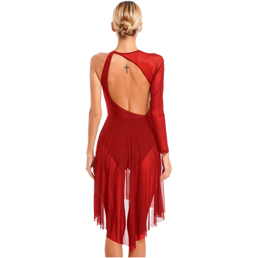 Nữ Hình Trượt Băng Trang Phục Lấp Lánh Kim Cương Giả Cutout Leotard Đầm Một Vai Sheer Lưới Dài Tay Lyrical Khiêu Vũ Đầm